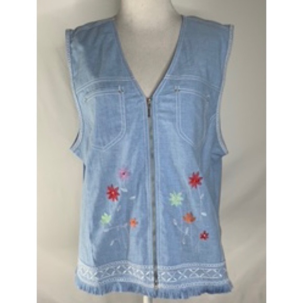 Draper’s & Damon’s Blue Vest Grandmacore Embroidered Flowers Fringe Hem LP